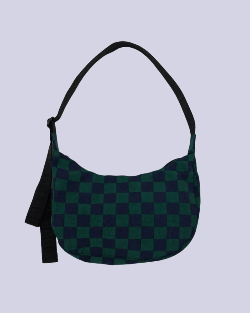 BAGGU - Medium Nylon Crescent Bag Navy Green Check